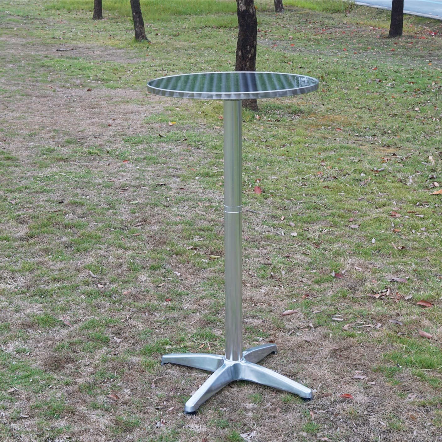 BTExpert Aluminum Indoor Outdoor 23.75" Round Restaurant Bar height 44" Table, Patio Stainless Steel Silver Furniture 25.75" base