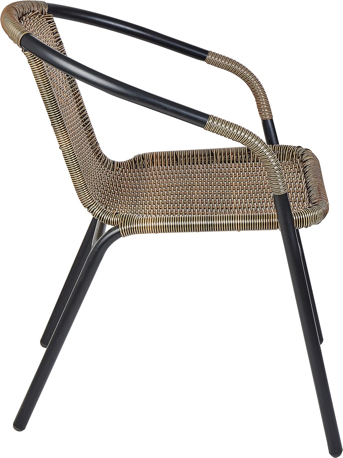 BTExpert 27.5" Round Restaurant Table Stainless Steel with 3 Brown Rattan Stack Chairs, Indoor Outdoor Commercial Lightweight