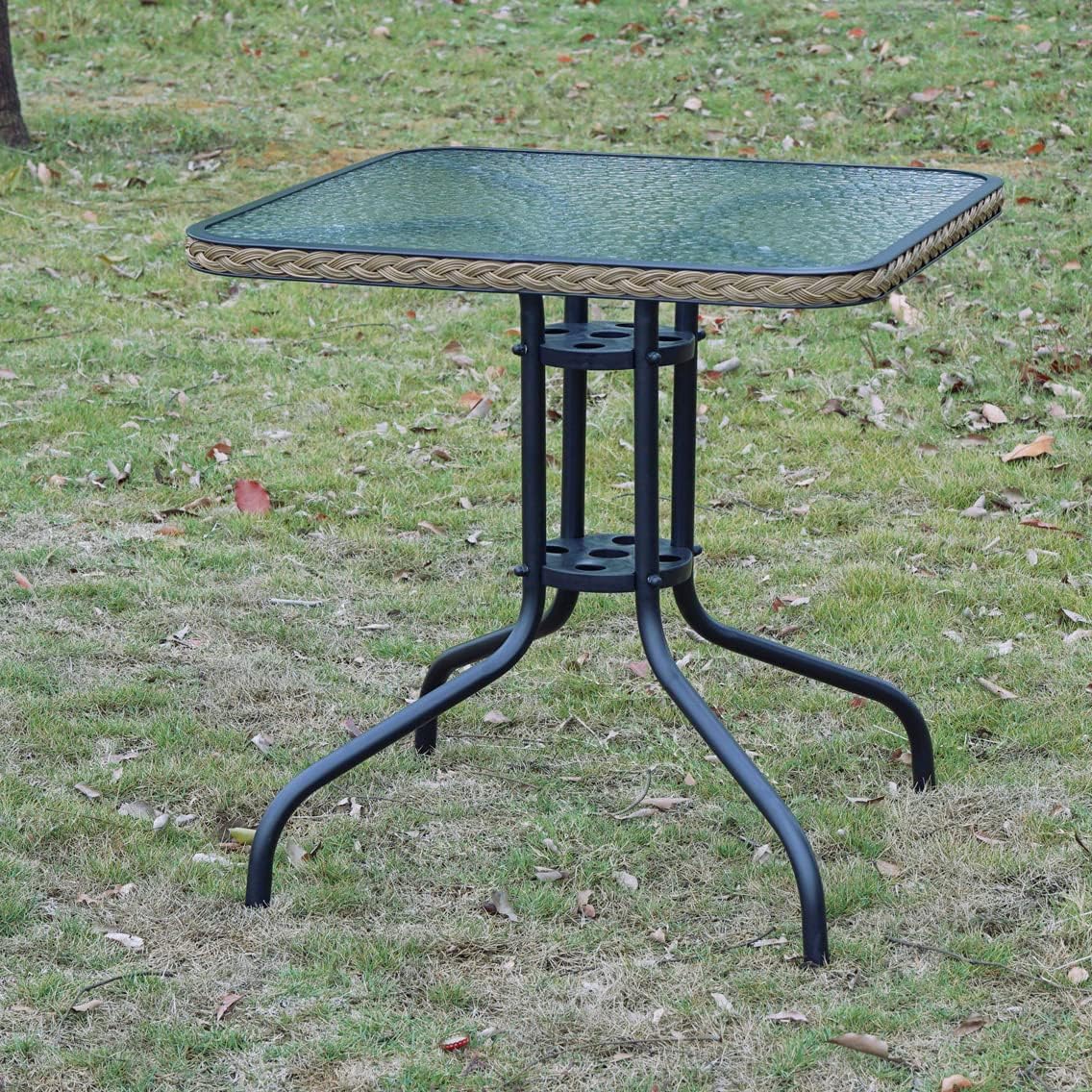 BTExpert Indoor Outdoor 28" Square Tempered Glass Metal Table Brown Rattan Trim + 3 Bronze Restaurant Metal