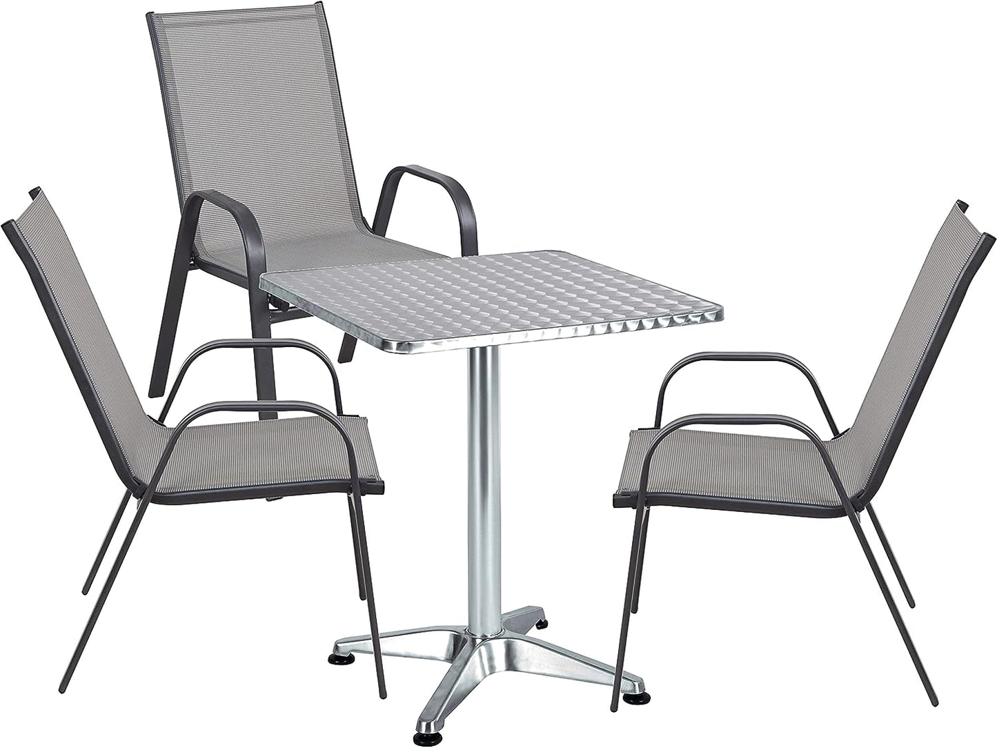 BTExpert 27.5" Square Restaurant Table Stainless Steel with 3 Gray Sling Stack Chairs, Indoor Outdoor Commercial Set, Lightweight