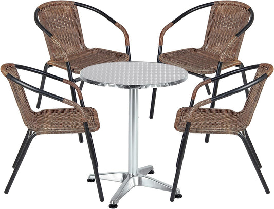 BTExpert 27.5" Round Restaurant Table Stainless Steel with 4 Brown Rattan Stack Chairs, Indoor Outdoor Commercial Lightweight