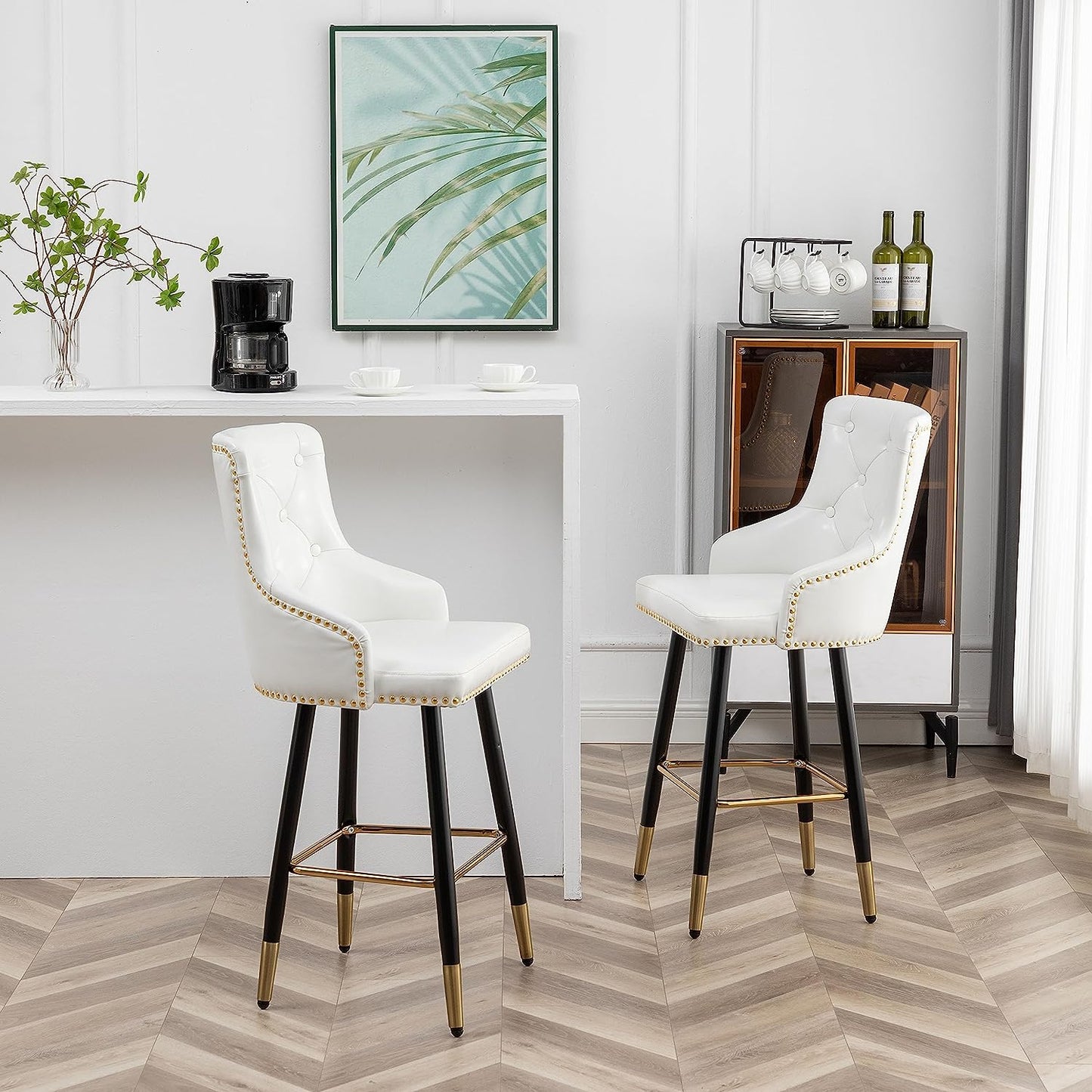 BTEXPERT Set of 4 Premium Upholstered 33" High Back Bar Stools, White PU Leather with Gold Nail Head Trim