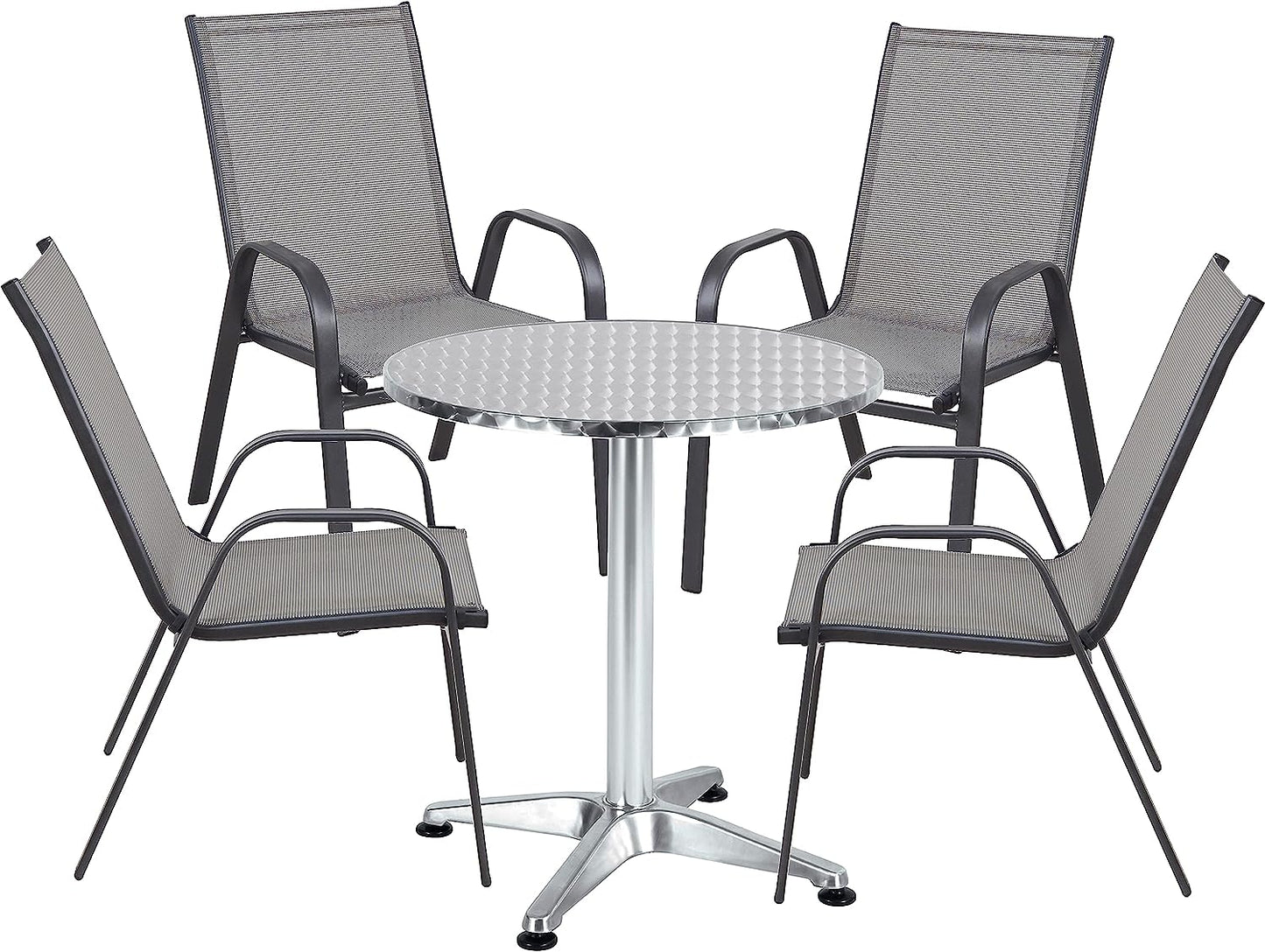 BTExpert 27.5" Round Restaurant Table Stainless Steel with 4 Gray Sling Stack Chairs, Indoor Outdoor Commercial Set, Lightweight