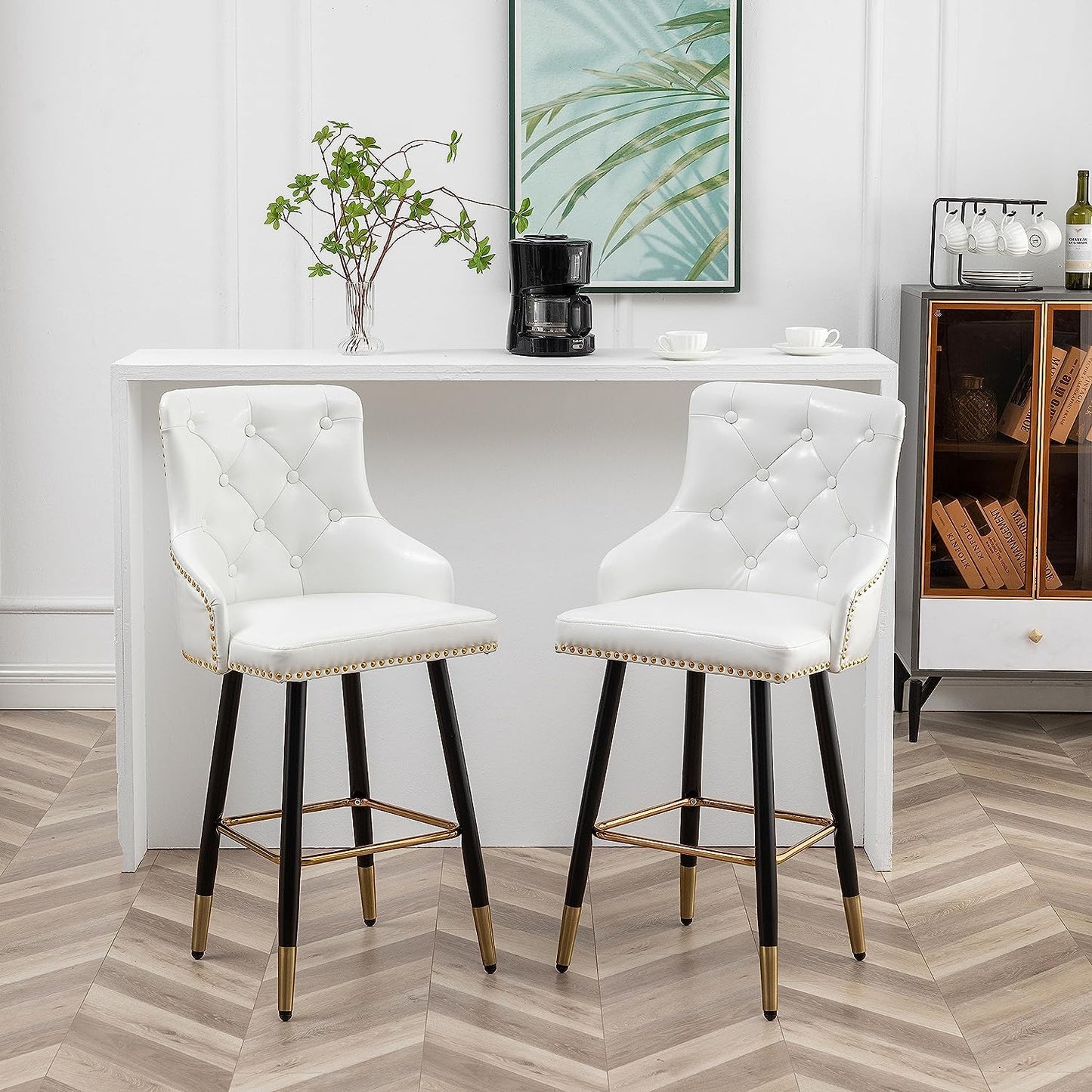 BTEXPERT Set of 2 Premium Upholstered 33" High Back Bar Stools, White PU Leather with Gold Nail Head Trim