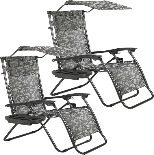 BTEXPERT Zero Gravity Chair Outdoor Lounge with Sunshade, Utility Tray & Cup Holder - Black (Set of 2 pcs)