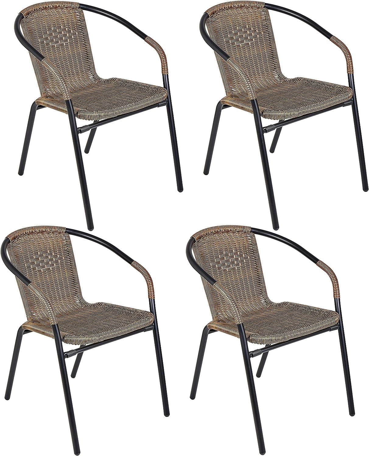 BTExpert 27.5" Round Restaurant Table Stainless Steel with 4 Brown Rattan Stack Chairs, Indoor Outdoor Commercial Lightweight