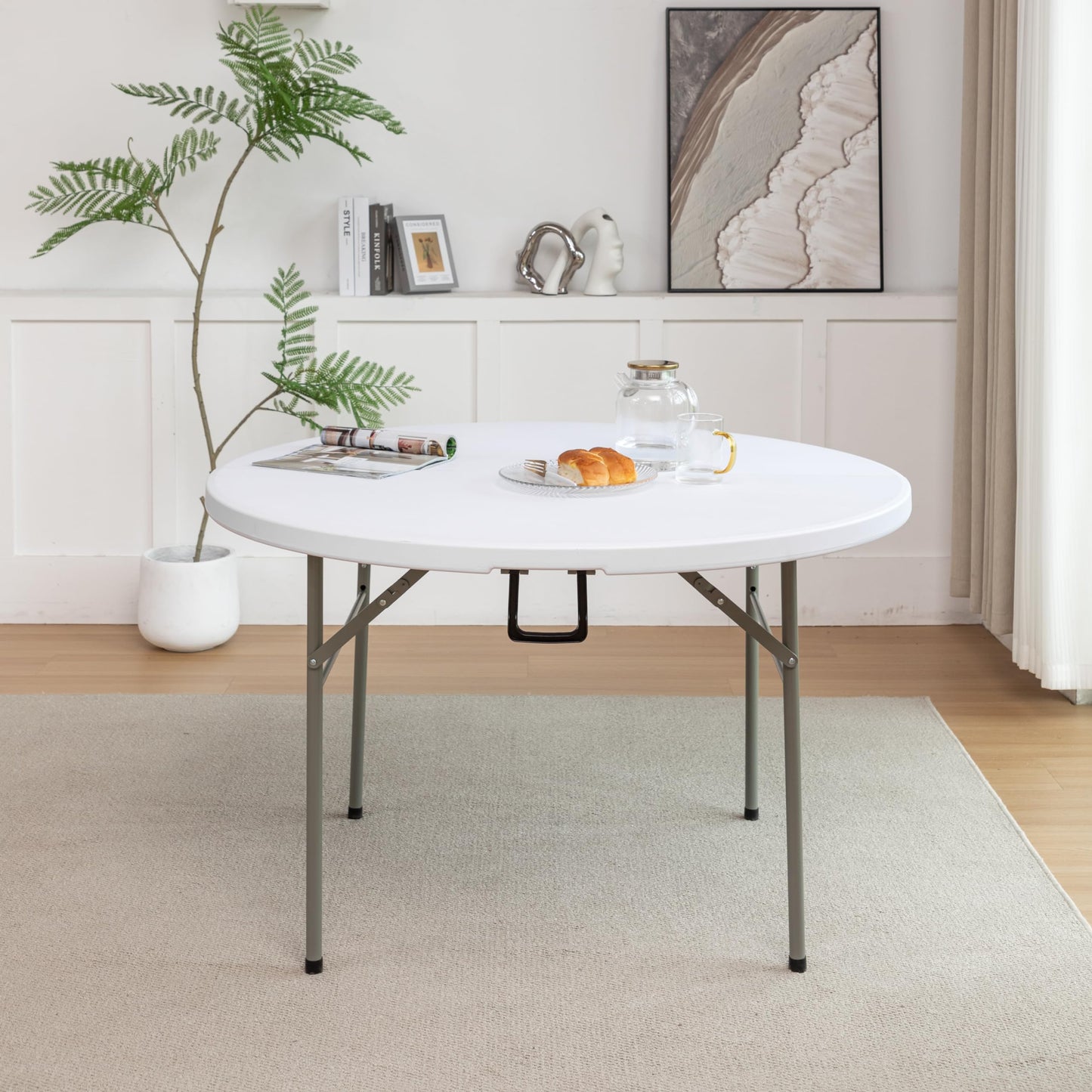 BTExpert 4ft Round Folding Table, White Plastic, Portable Commercial Indoor/Outdoor for Events, Patio, Home & Dining