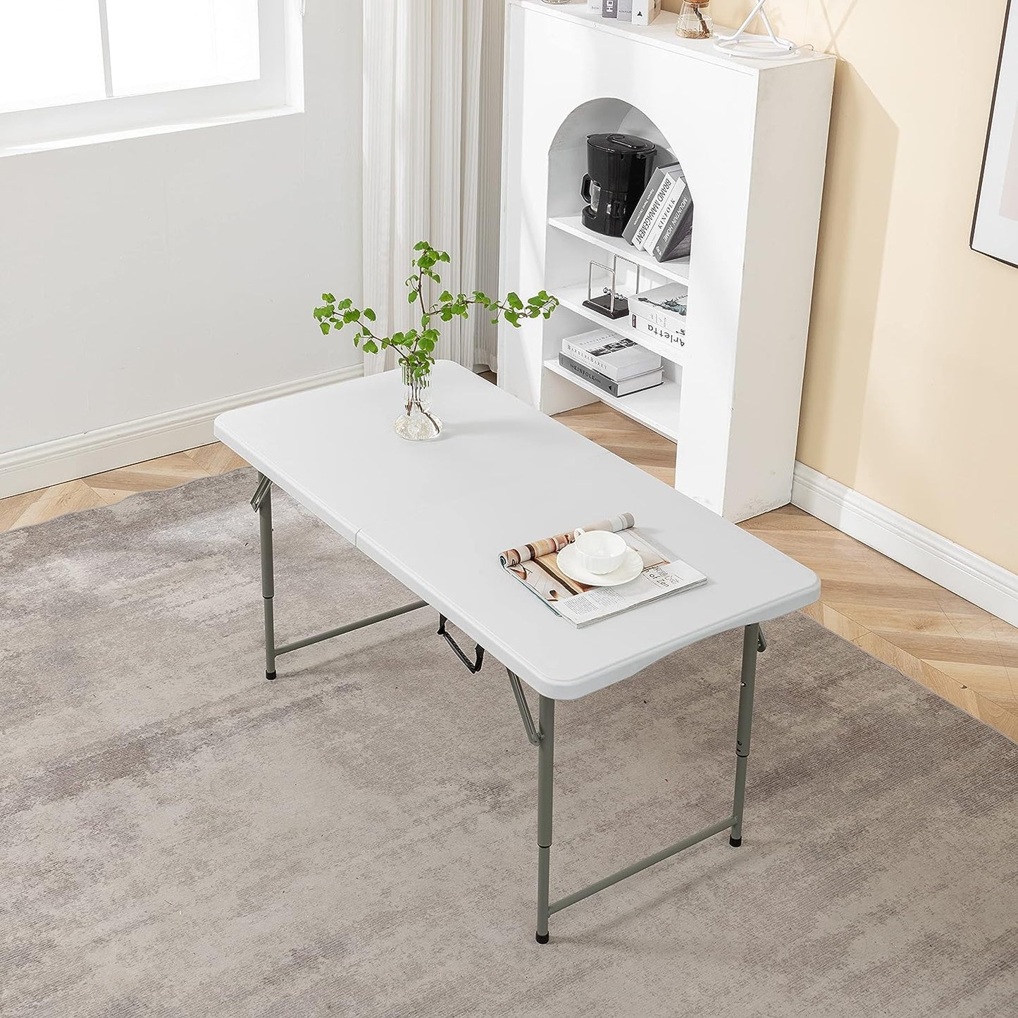 BTExpert 4ft Fold-in-Half Utility Table, Lightweight, Height Adjustable, Indoor/Outdoor, Easy to Clean – White