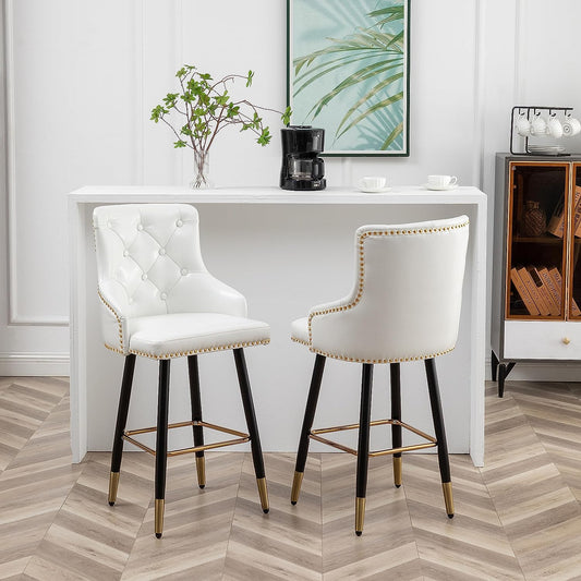 BTEXPERT Set of 4 Premium Upholstered 33" High Back Bar Stools, White PU Leather with Gold Nail Head Trim