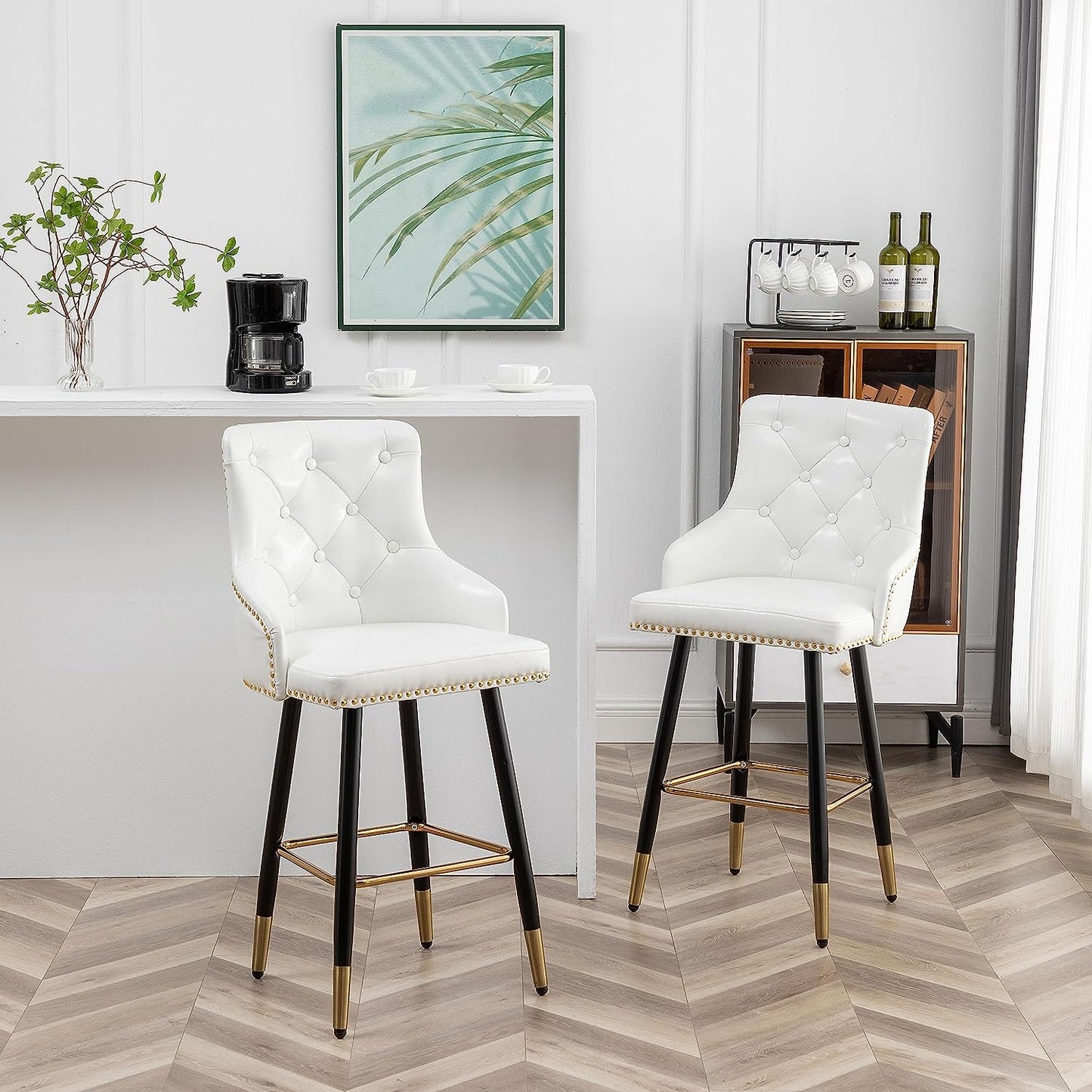 BTEXPERT Set of 2 Premium Upholstered 33" High Back Bar Stools, White PU Leather with Gold Nail Head Trim