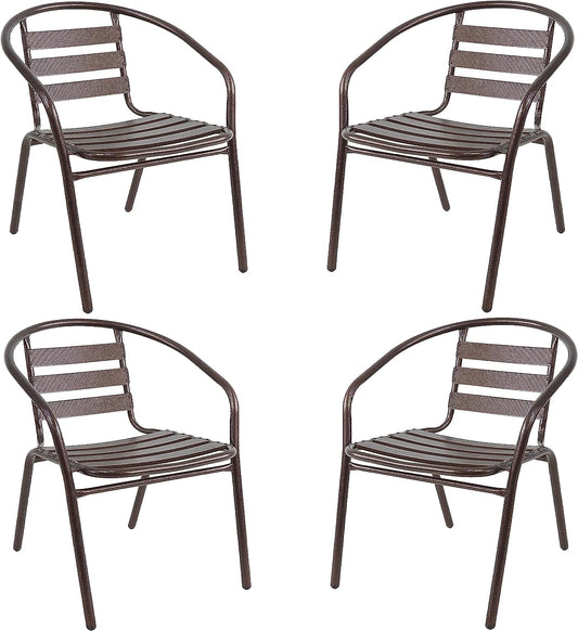 BTExpert Indoor Outdoor 23.75" Round Restaurant Table Stainless Steel Silver Aluminum + 4 Bronze Metal Slat Stack Chairs