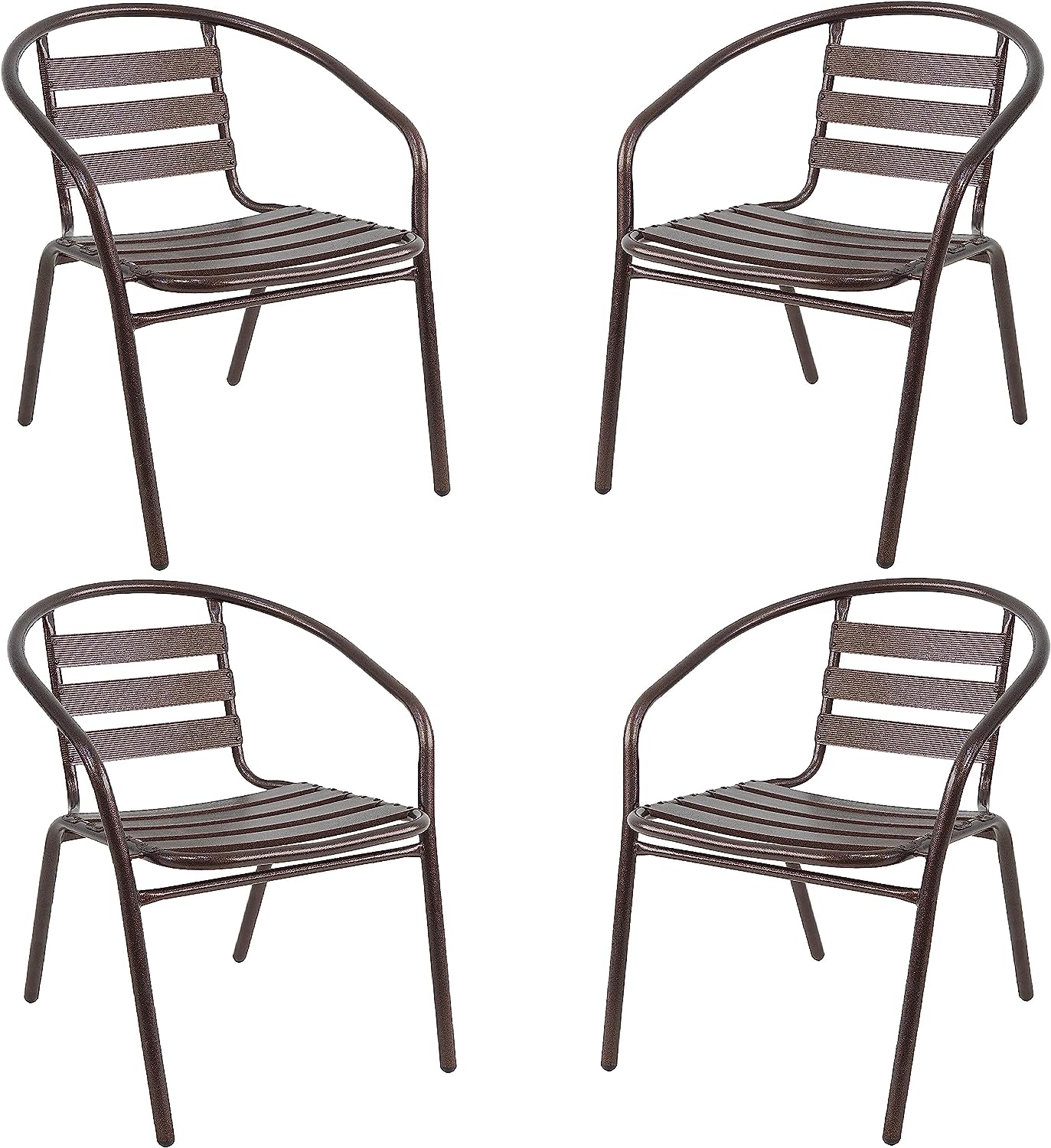 BTExpert Indoor Outdoor 28" Square Glass Metal Table Brown Rattan Trim + 4 Bronze Metal Aluminum Slat commercial Chairs
