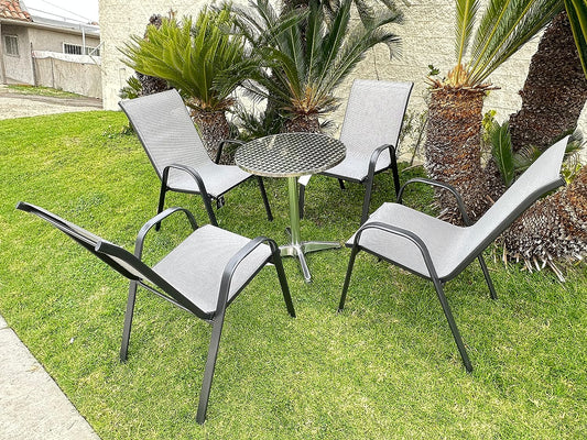 BTExpert 27.5" Round Restaurant Table Stainless Steel with 4 Gray Sling Stack Chairs, Indoor Outdoor Commercial Set, Lightweight