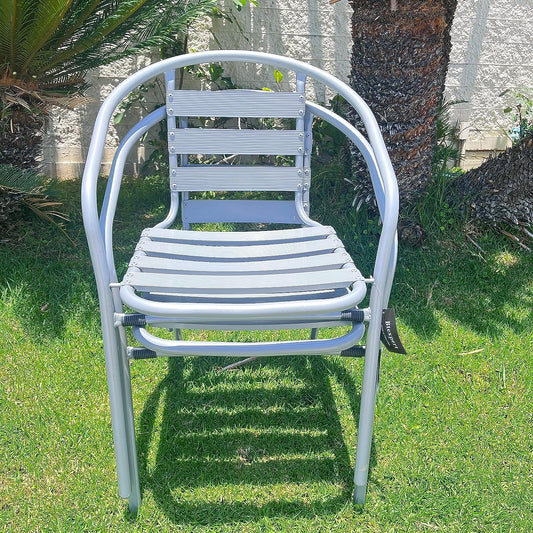 BTExpert 28" Round Glass Metal Table Brown Rattan Trim with 2 Silver Gray Slat Stack Chairs, Indoor Outdoor Lightweight