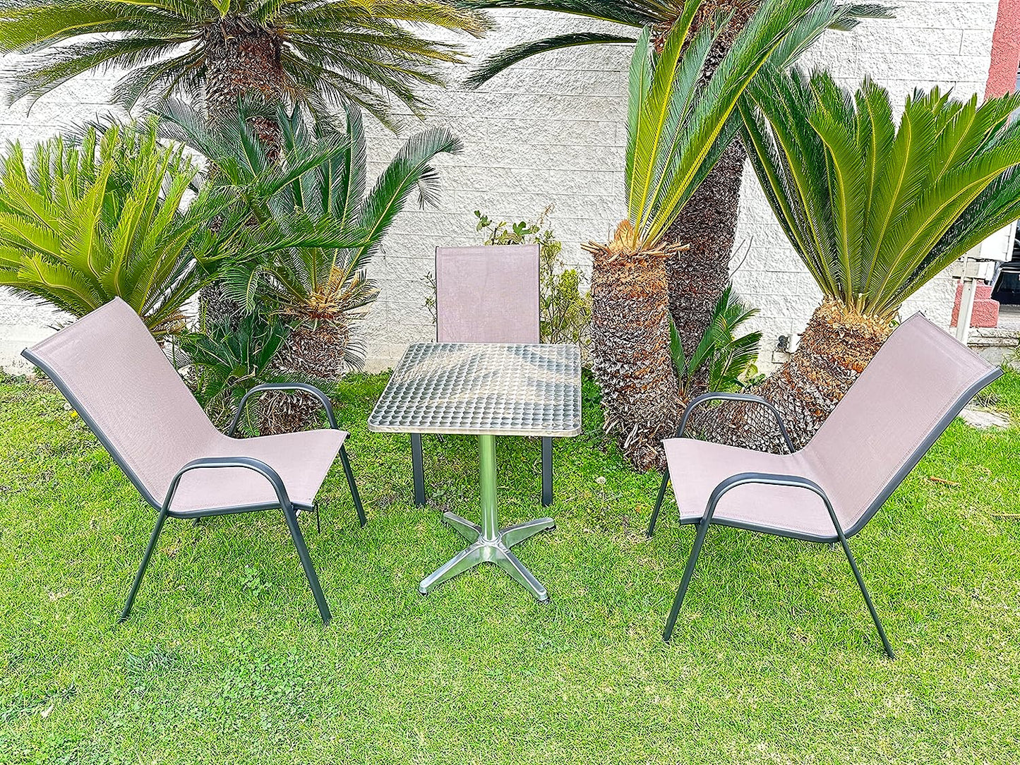 BTExpert Indoor Outdoor 27.5" Square Restaurant Table Stainless Steel Silver Aluminum + 3 Brown Flexible Chairs