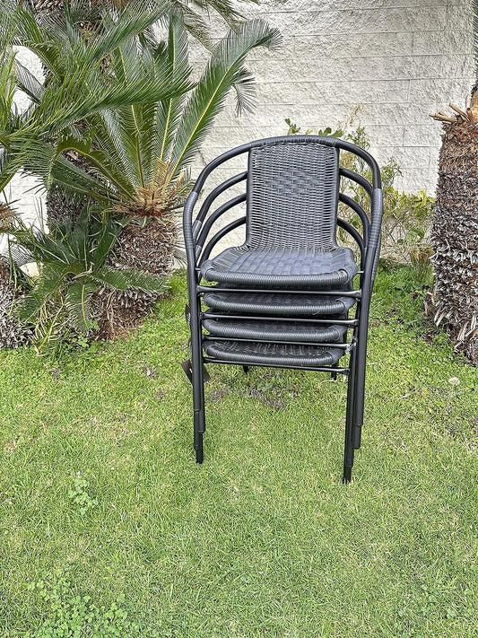 BTExpert 27.5" Square Table Stainless Steel Silver Aluminum + 3 Black Restaurant Rattan Chairs