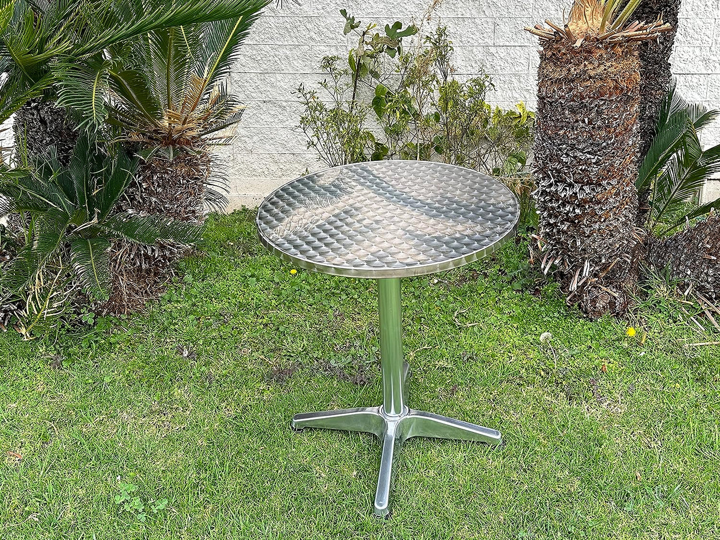 BTExpert 27.5" Round Restaurant Table Stainless Steel with 2 Brown Sling Stack Chairs, Indoor Outdoor Commercial Lightweight