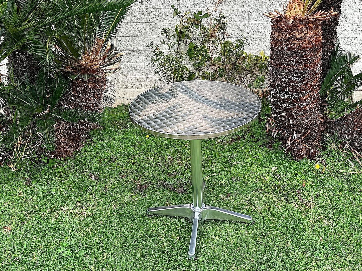 BTExpert 27.5" Round Stainless Steel Table + 3 Black Slat Chairs, Indoor Outdoor Commercial Lightweight