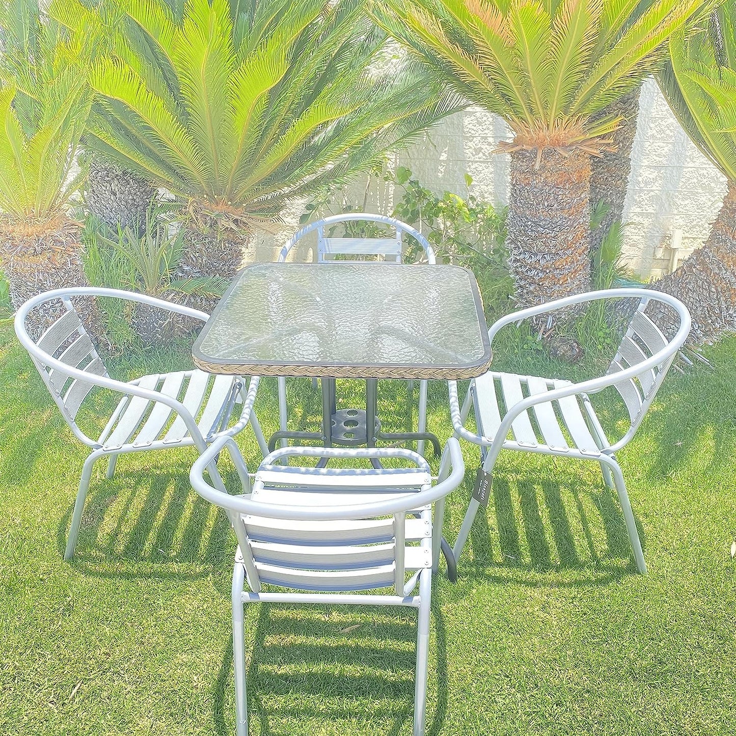 BTExpert 28" Square Glass Metal Table Brown Rattan Trim with 4 Silver Gray Slat Stack Chairs, Indoor Outdoor Lightweight