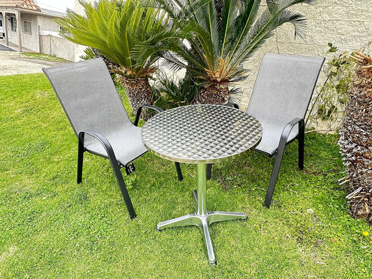 BTExpert 27.5" Round Restaurant Table Stainless Steel with 2 Gray Sling Stack Chairs, Indoor Outdoor Commercial Lightweight