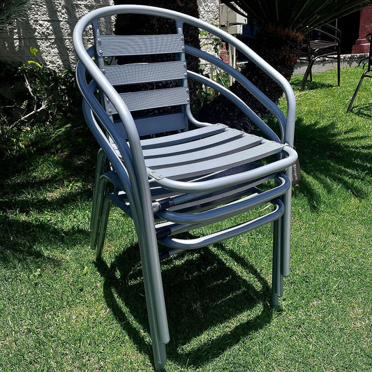 BTExpert 23.75" Round Stainless Steel Table + 3 Silver Gray Metal Slat Stack Chairs, Indoor Outdoor Commercial Lightweight