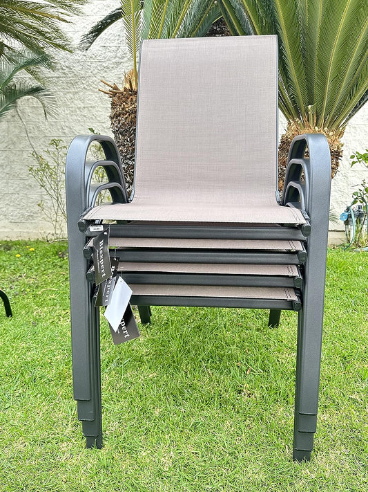 BTExpert 27.5" Round Restaurant Table Stainless Steel with 3 Brown Sling Stack Chairs, Indoor Outdoor Commercial Lightweight