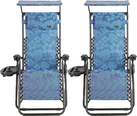 BTEXPERT Zero Gravity Chair, Outdoor Lounge with Sunshade, Utility Tray & Cup Holder - Blue (Set of 2 pcs)