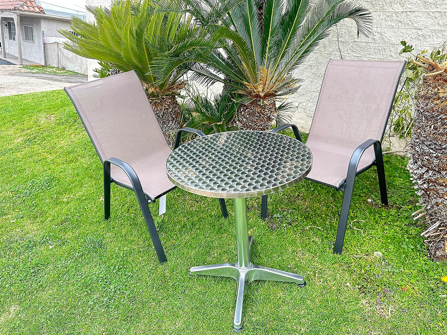 BTExpert 27.5" Round Restaurant Table Stainless Steel with 2 Brown Sling Stack Chairs, Indoor Outdoor Commercial Lightweight