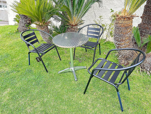 BTExpert 27.5" Round Stainless Steel Table + 3 Black Slat Chairs, Indoor Outdoor Commercial Lightweight