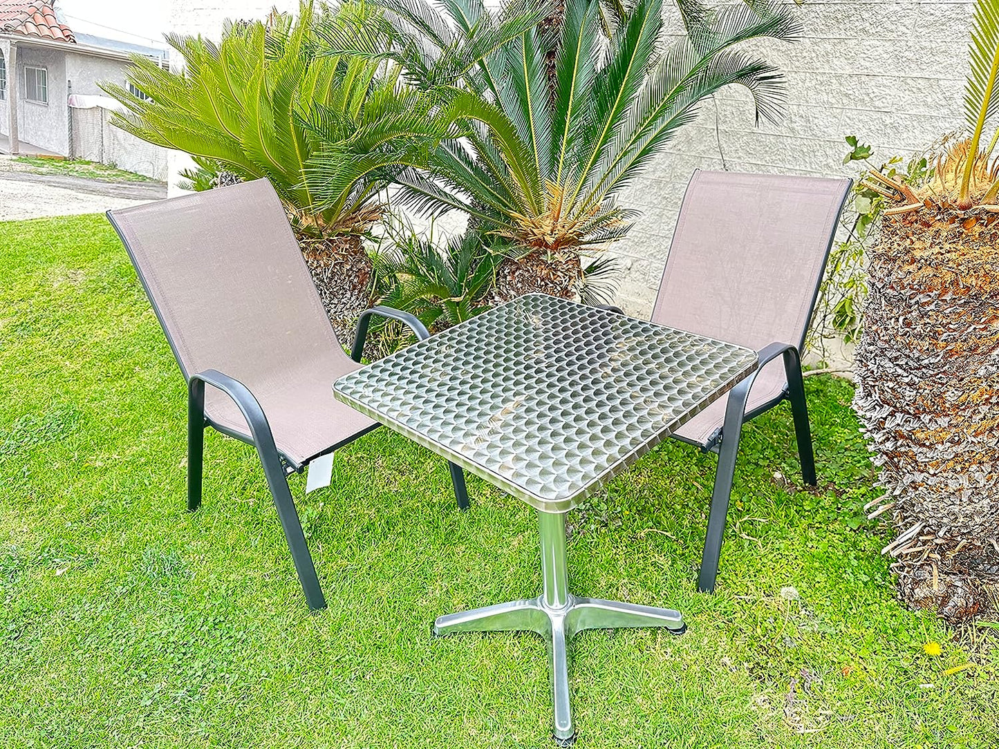 BTExpert Indoor Outdoor 27.5" Square Restaurant Table Stainless Steel Silver Aluminum + 2 Brown Flexible Chairs