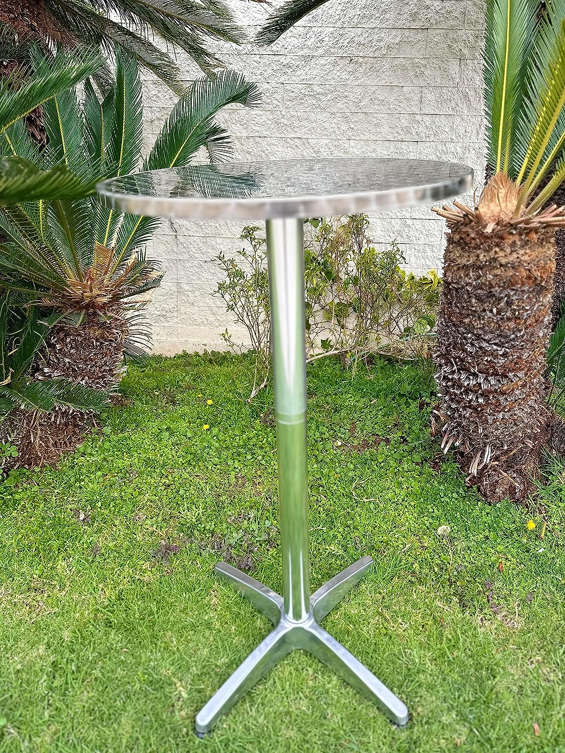 BTExpert Aluminum Indoor Outdoor 23.75" Round Restaurant Bar height 44" Table, Patio Stainless Steel Silver Furniture 25.75" base