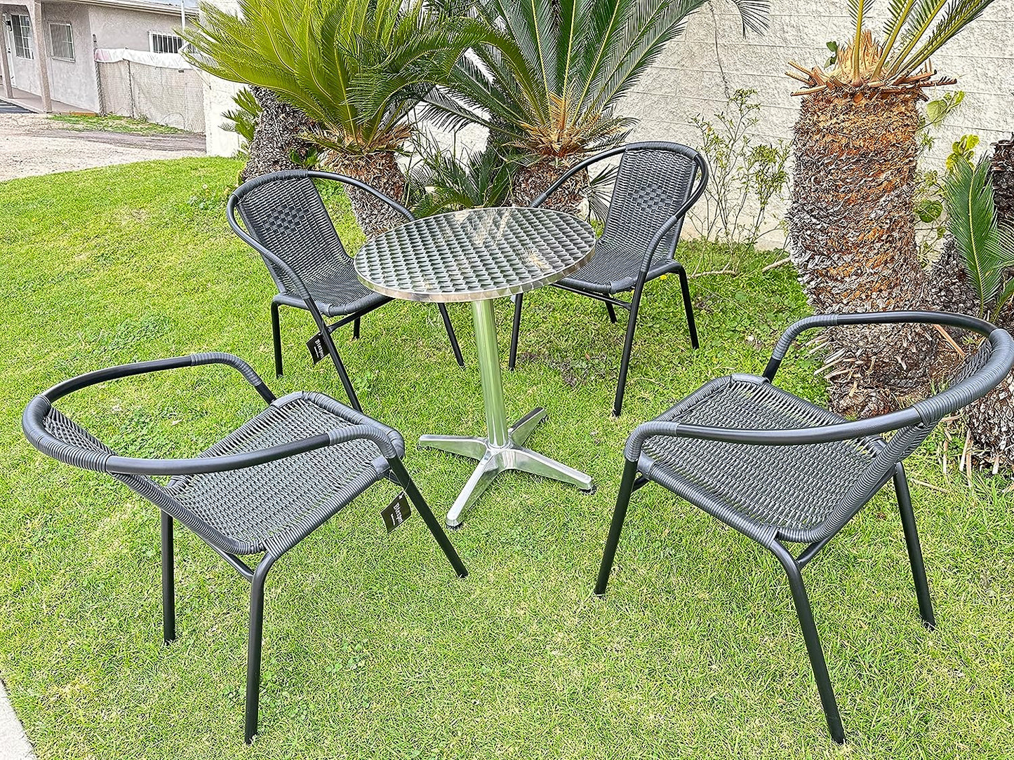 BTExpert 27.5" Round Restaurant Table Stainless Steel with 4 Black Rattan Stack Chairs, Indoor Outdoor Commercial Lightweight