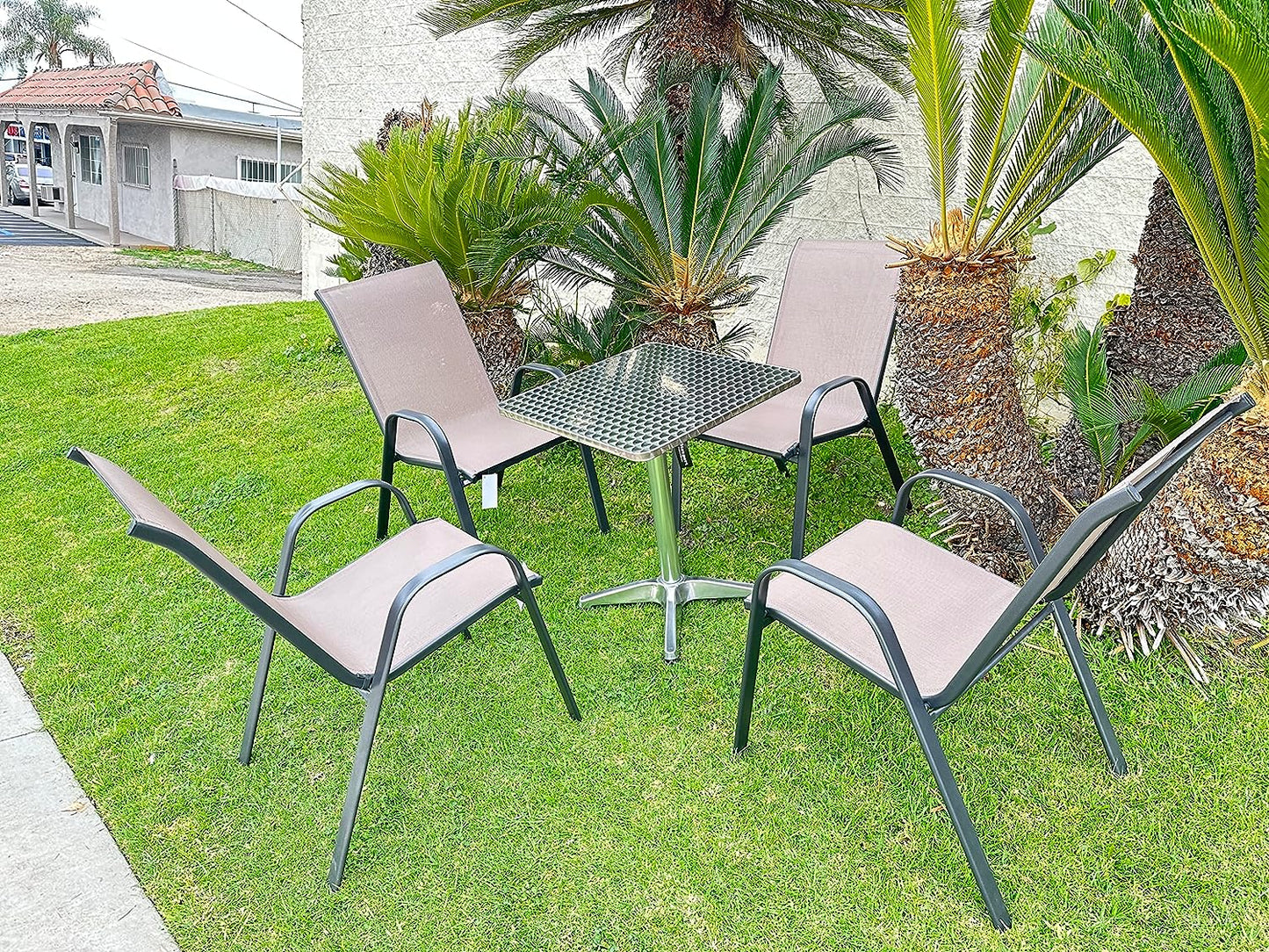 BTExpert Indoor Outdoor Square Table Stainless Steel + 4 Brown Flexible Sling Stack Chairs