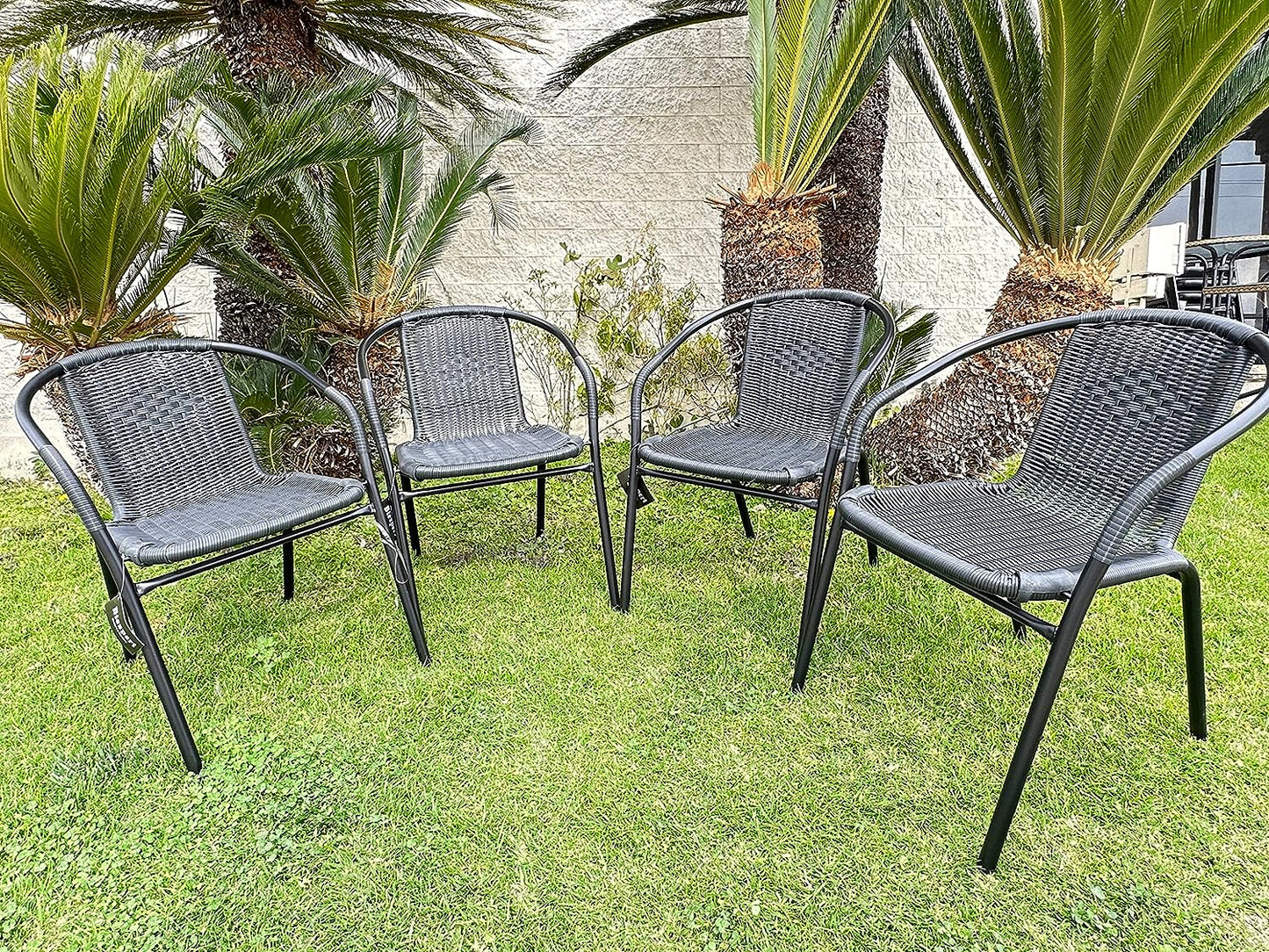 BTExpert 27.5" Round Restaurant Table Stainless Steel with 4 Black Rattan Stack Chairs, Indoor Outdoor Commercial Lightweight