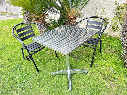 BTExpert 27.5" Square Stainless Steel Table + 2 Black Slat Chairs, Indoor Outdoor Commercial Lightweight