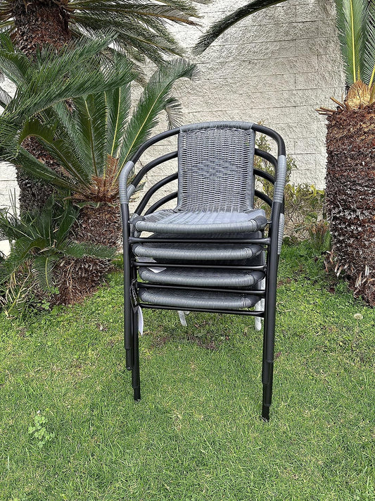 BTExpert 27.5" Round Restaurant Table Stainless Steel with 4 Gray Rattan Stack Chairs, Indoor Outdoor Commercial Lightweight