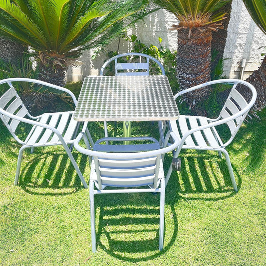 BTExpert 27.5" Square Restaurant Table Stainless Steel with 4 Silver Gray Slat Stack Chairs, Indoor Outdoor Commercial