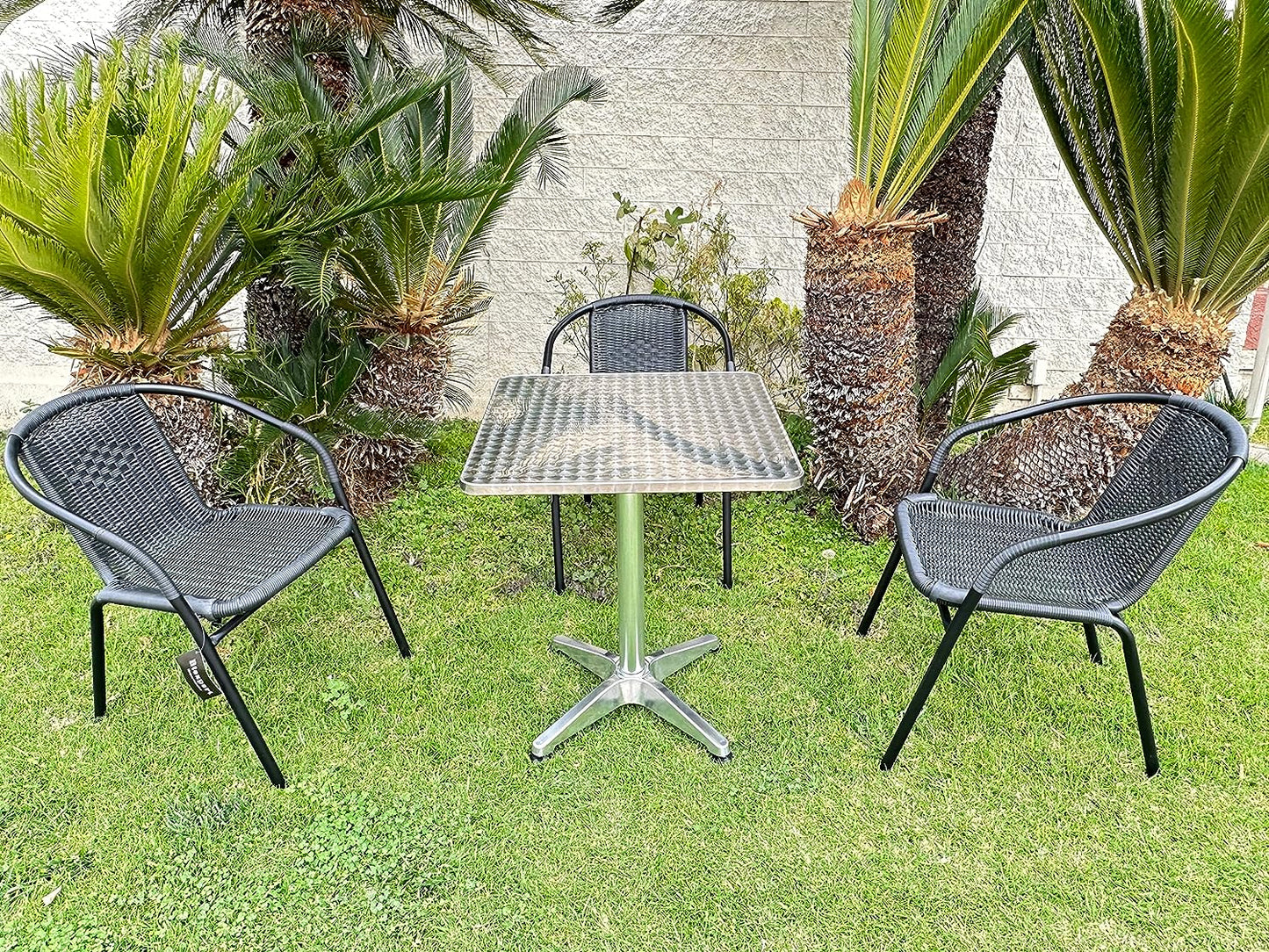 BTExpert 27.5" Square Table Stainless Steel Silver Aluminum + 3 Black Restaurant Rattan Chairs