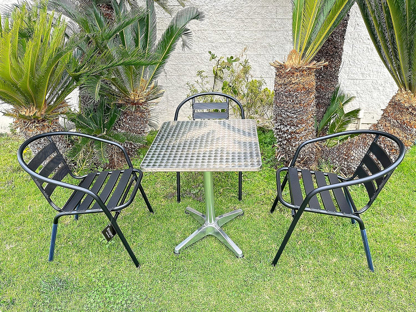BTExpert 27.5" Square Stainless Steel Table + 4 Black Slat Chairs, Indoor Outdoor Commercial Lightweight