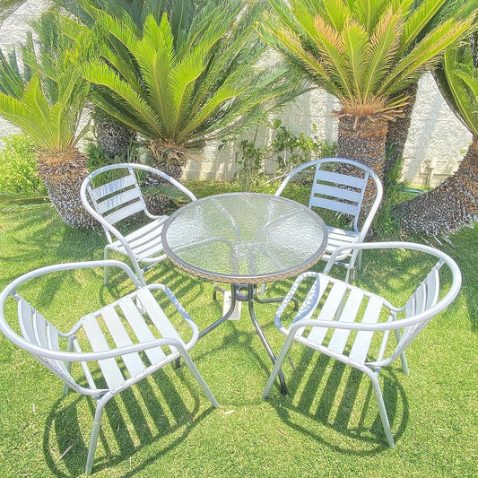 BTExpert 28" Round Glass Metal Table Brown Rattan Trim with 4 Silver Gray Slat Stack Chairs, Indoor Outdoor Lightweight