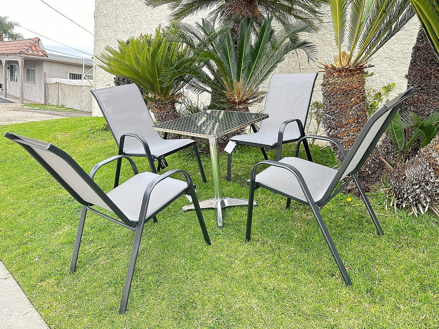 BTExpert 27.5" Square Restaurant Table Stainless Steel with 4 Gray Sling Stack Chairs, Indoor Outdoor Commercial Set, Lightweight