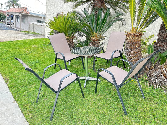 BTExpert 27.5" Round Restaurant Table Stainless Steel with 4 Brown Sling Stack Chairs, Indoor Outdoor Commercial Lightweight