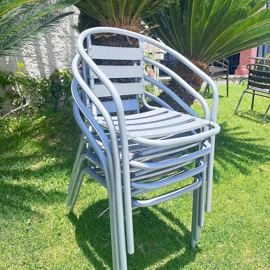 BTExpert 23.75" Square Stainless Steel Table + 4 Silver Gray Slat Chairs, Indoor/Outdoor Commercial