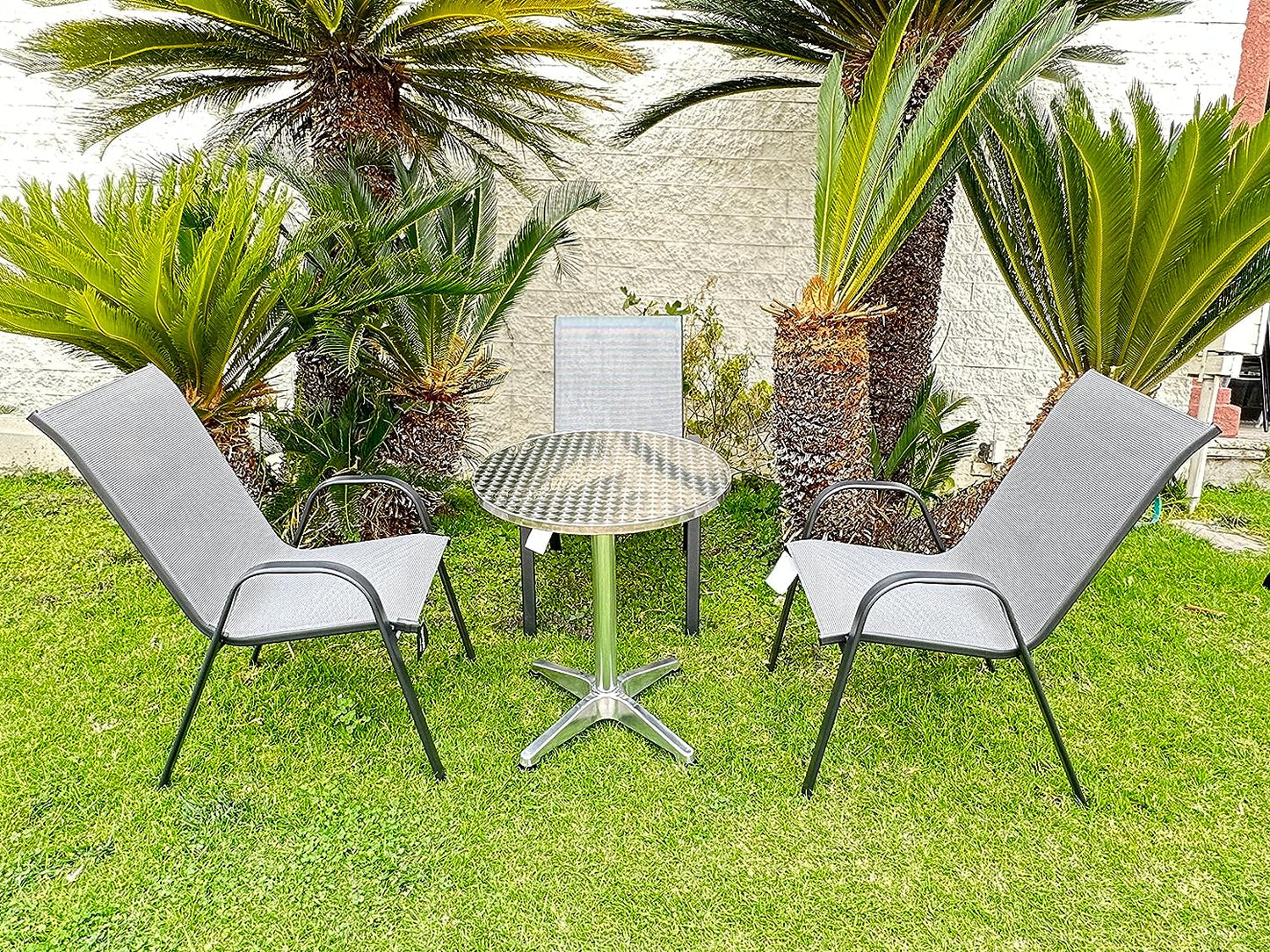 BTExpert 27.5" Round Restaurant Table Stainless Steel with 3 Gray Sling Stack Chairs, Indoor Outdoor Commercial Set, Lightweight