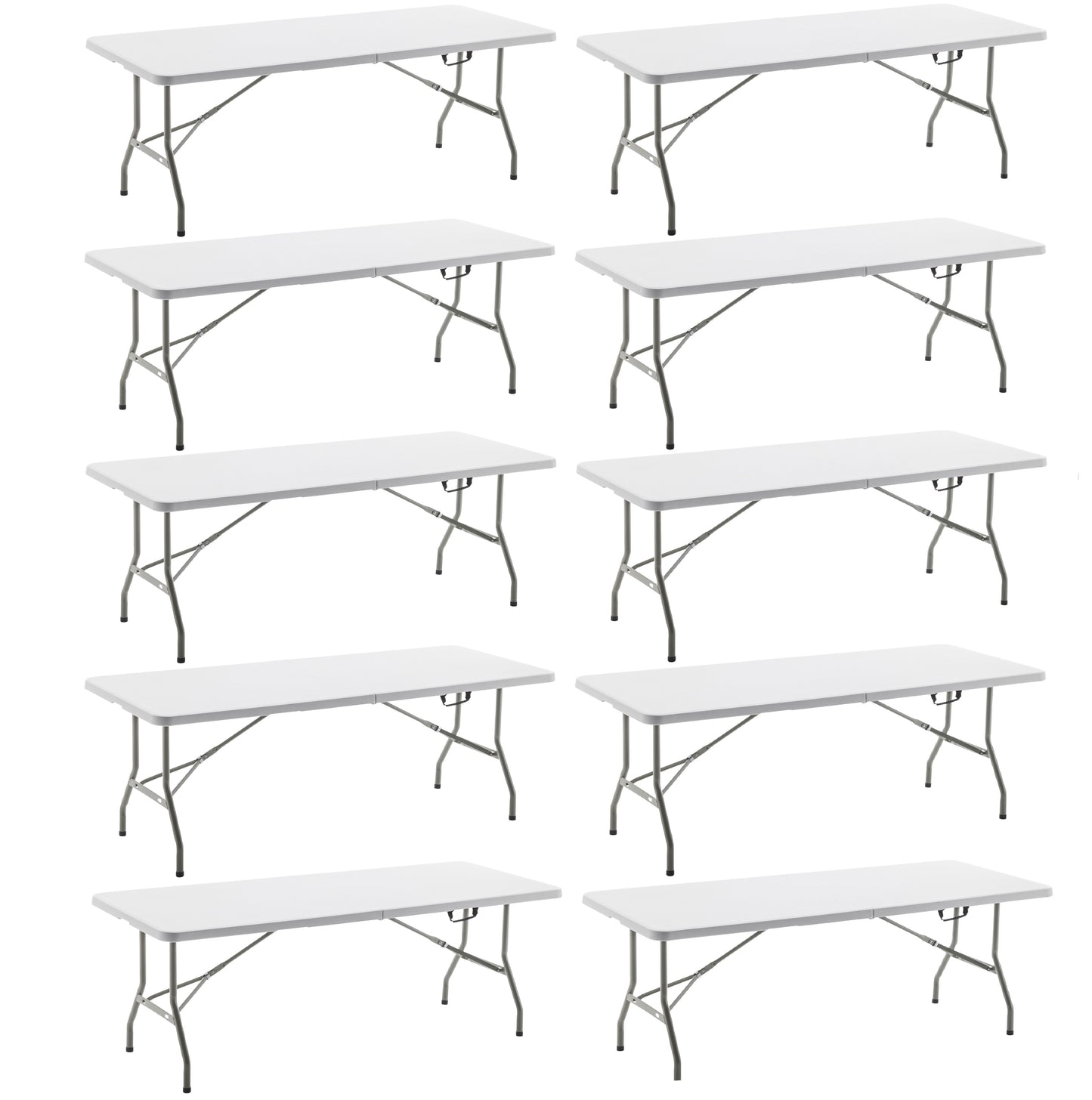BTEXPERT Set of 10, Fold-in-Half Folding Utility Table 6 Feet 72" x 29.5" Lightweight Portable Carrying Handle Indoor Outdoor Picnic Camping Office Home Party Wedding Event White