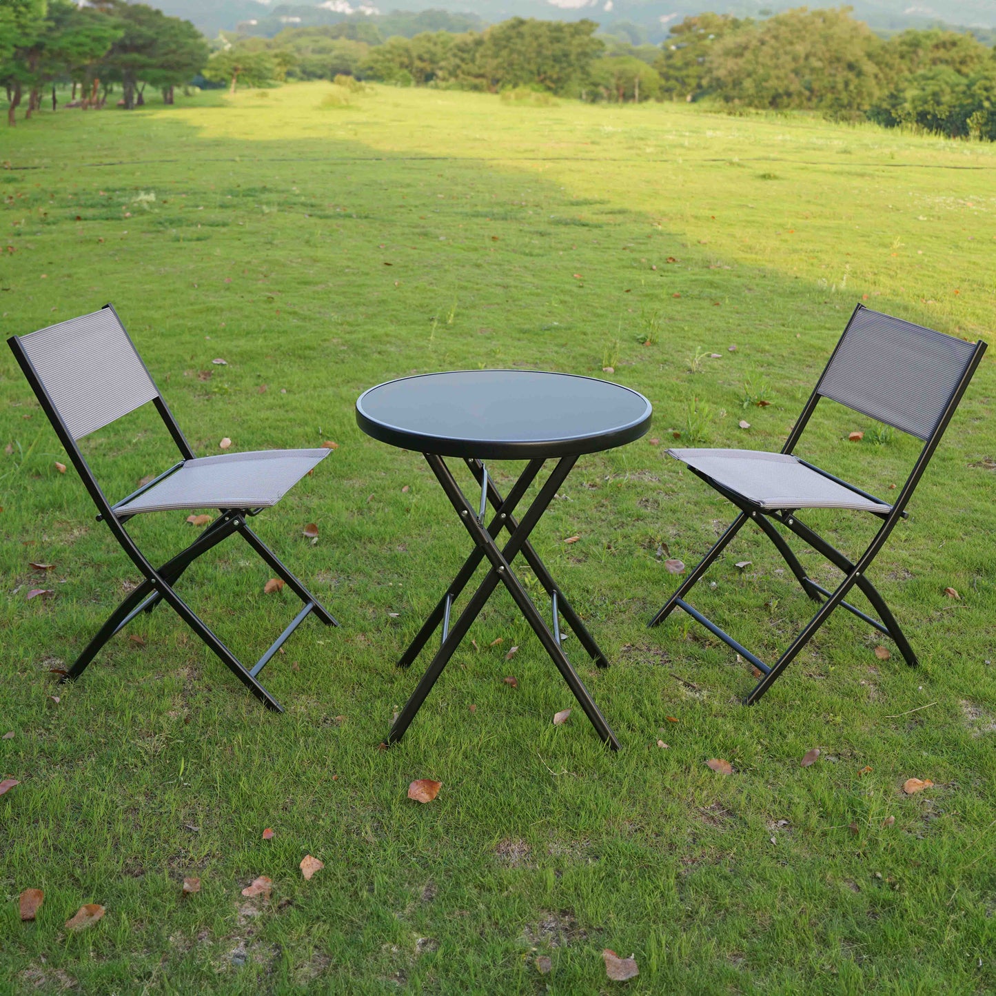 BTExpert set Portable Folding Table & two Chair Heavy Duty Gray Dining Home Garden 3-Piece