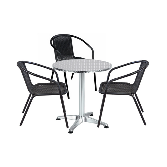 BTExpert 23.75" RoundTable Stainless Steel Silver Aluminum + 3 Black Rattan Stack Chairs