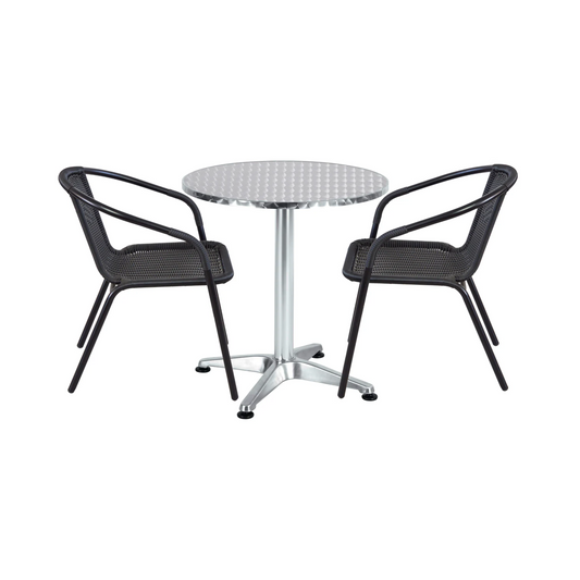 BTExpert 23.75" Round Steel Table + 2 Black Rattan Stack Chairs Indoor Outdoor