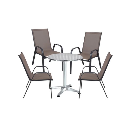 BTExpert Indoor Outdoor 23.75" Round Steel Table + 4 Brown Flexible Sling Stack Chairs