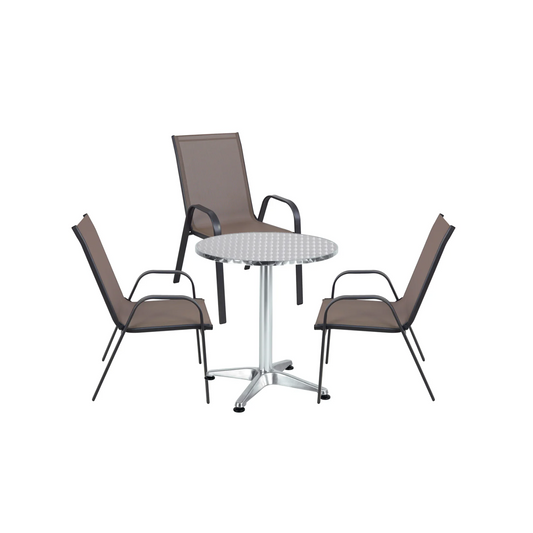 BTExpert 23.75" Round Steel Table + 3 Brown Sling Stack Chairs Indoor Outdoor
